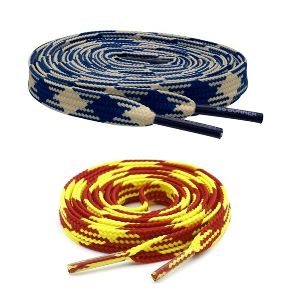 GRAH SANGRAH® 2 Pairs | Fashionable Double Layer Flat Colored | Unisex Shoe laces for Sneakers - 120 CM, Navy Off White_ Red Yellow