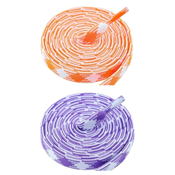 GRAH SANGRAH® 2 Pairs | Fashionable Double Layer Flat Colored | Unisex Shoe laces for Sneakers - 120 CM, Orange White_ Purple White