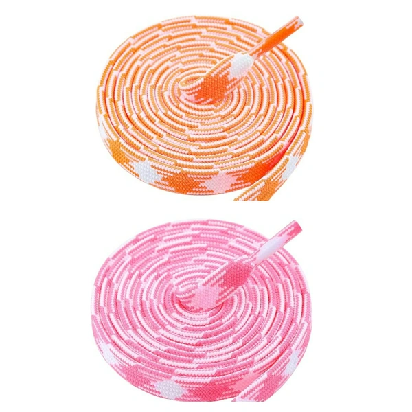 GRAH SANGRAH® 2 Pairs | Fashionable Double Layer Flat Colored | Unisex Shoe laces for Sneakers - 120 CM, Orange White_ Pink White
