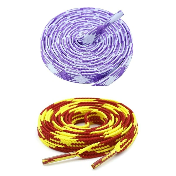 GRAH SANGRAH® 2 Pairs | Fashionable Double Layer Flat Colored | Unisex Shoe laces for Sneakers - 120 CM, Purple White_ Red Yellow