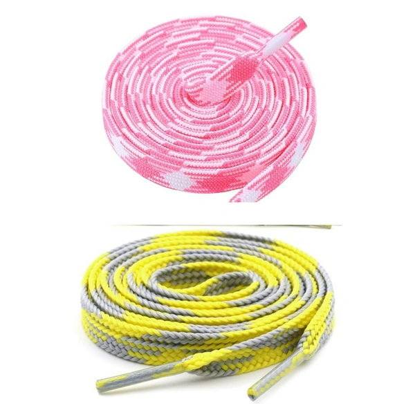 GRAH SANGRAH® 2 Pairs | Fashionable Double Layer Flat Colored | Unisex Shoe laces for Sneakers - 120 CM, Pink White_ Yellow Grey