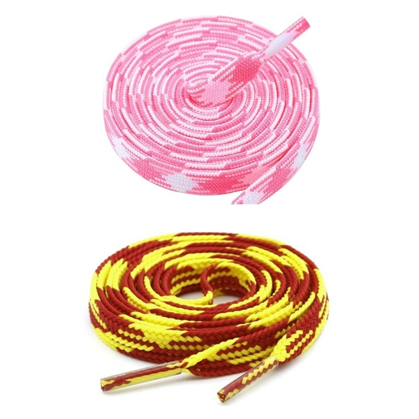 GRAH SANGRAH® 2 Pairs | Fashionable Double Layer Flat Colored | Unisex Shoe laces for Sneakers - 120 CM, Pink White_ Red Yellow