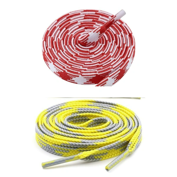 GRAH SANGRAH® 2 Pairs | Fashionable Double Layer Flat Colored | Unisex Shoe laces for Sneakers - 120 CM, Red White_ Yellow Grey