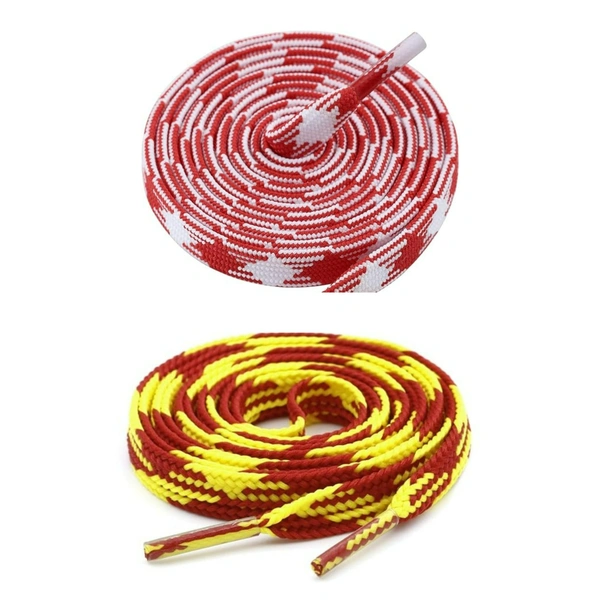 GRAH SANGRAH® 2 Pairs | Fashionable Double Layer Flat Colored | Unisex Shoe laces for Sneakers - 120 CM, Red White_ Red Yellow