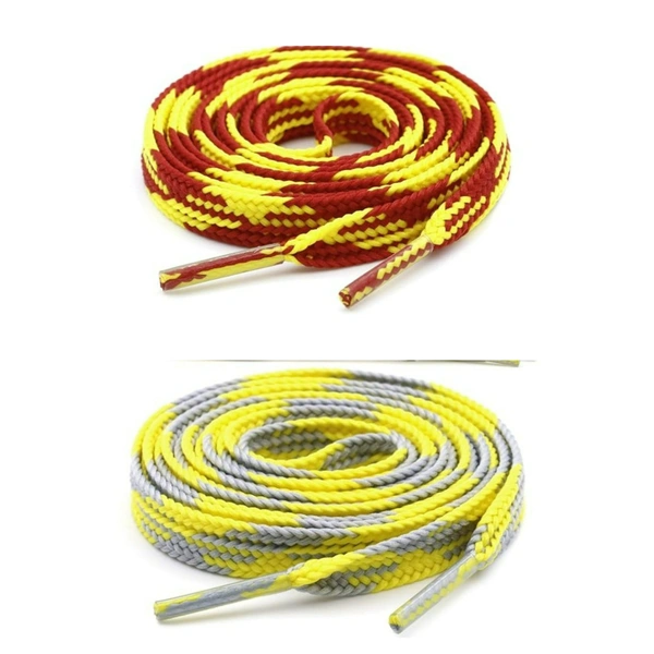 GRAH SANGRAH® 2 Pairs | Fashionable Double Layer Flat Colored | Unisex Shoe laces for Sneakers - 120 CM, Yellow Grey_ Red Yellow