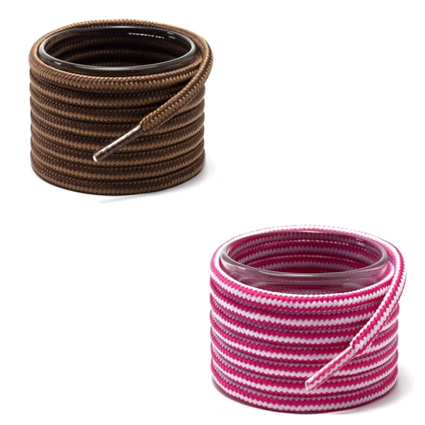 GRAH SANGRAH® (2 Pair Round Boot Laces Running, Sports, Gym, Casual Dual Coloured Striped Shoe Lace - 120 CM, Brown Tan / Hot Pink