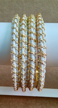 Fancy White Pearls Bangles Set - 2.8, White