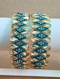 Royal Peacock Color Kundan Bangles Set - 2.6, Peacock Blue