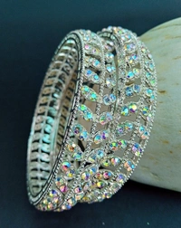 Sparkling Crystal Silver Bangles/Bracelets Set - 2.6, Silver