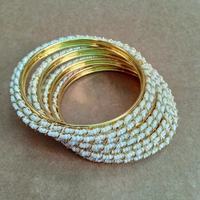 Fancy White Pearls Bangles Set - 2.8, White