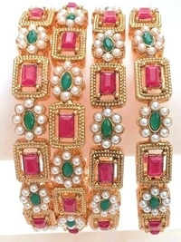 Rajwadi Red &  Green Kundan Metal Bangles Set. - 2.6