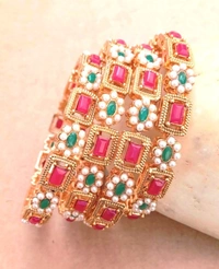 Rajwadi Red &  Green Kundan Metal Bangles Set. - 2.6