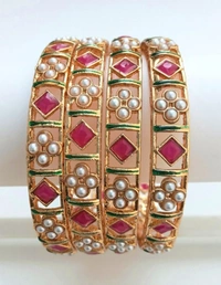 Traditional Red Kundan & White Pearl Metal Bangles Set. - 2.6