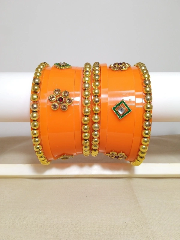 Rajasthani Kundan Dhalu Set - Blaze Orange, 2.4