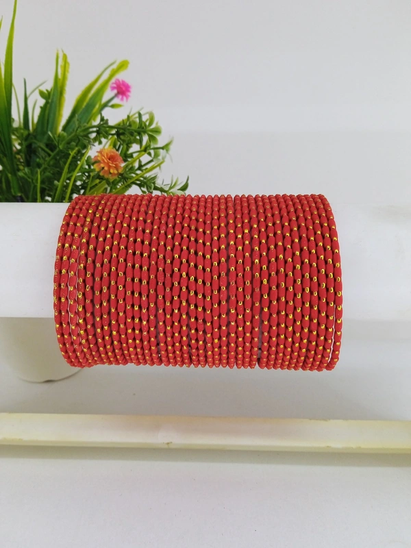 Metal Velvet Bund Set of 36 Bangles.  - 2.6, Red