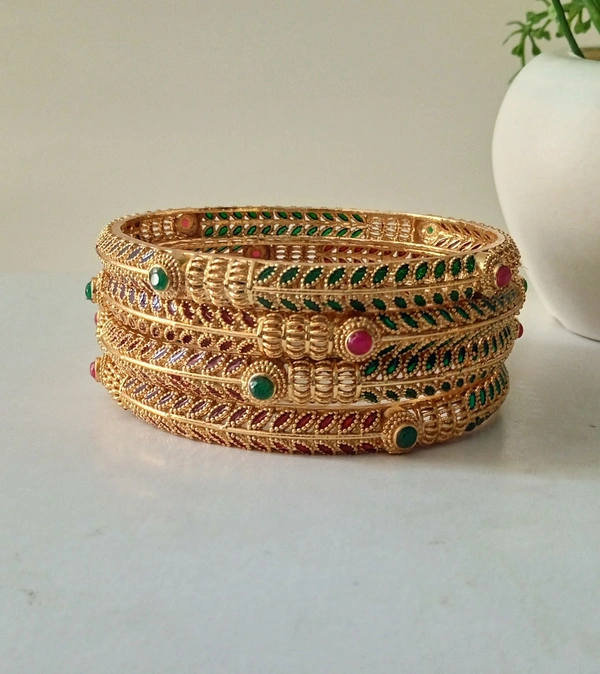 Premium Red & Green Bangles Set of 4 - 2.4, Golden