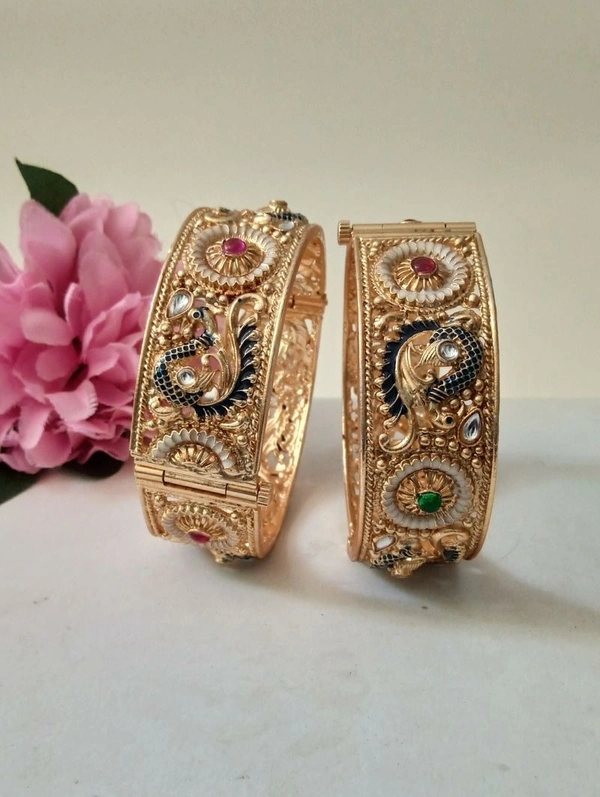 Rajwadi Peacock Bangles Set - Golden, 2.6