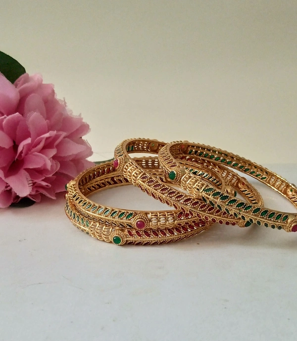 Premium Red & Green Bangles Set of 4 - 2.4, Golden