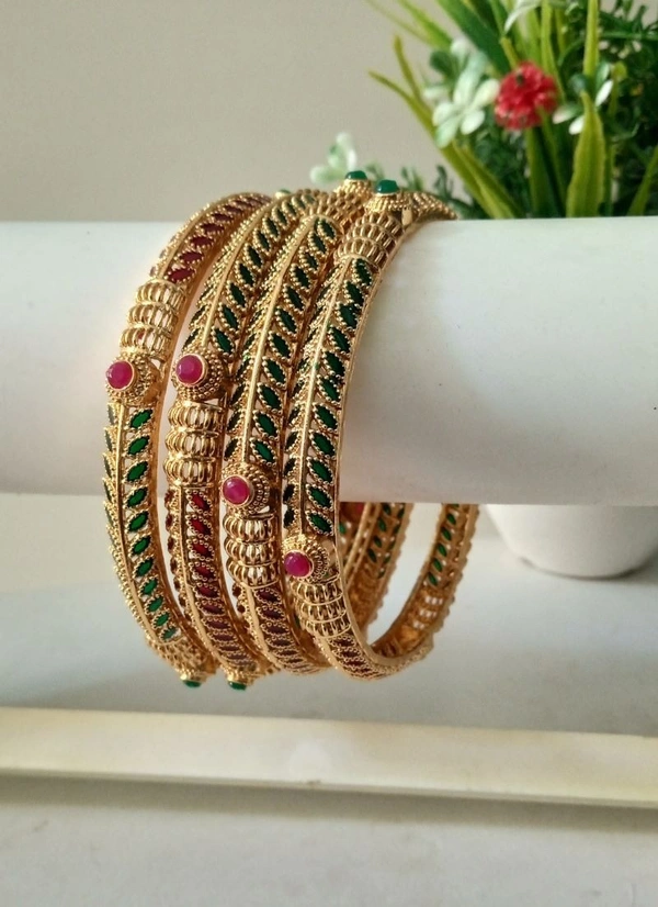 Premium Red & Green Bangles Set of 4 - Golden, 2.8