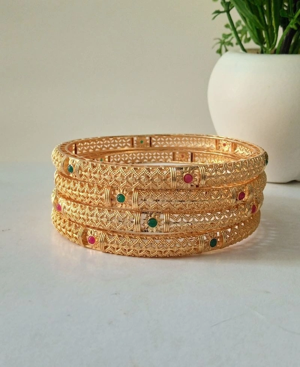 Traditional Gold Plated Bangles set of 4 - Golden Bell, 2.8