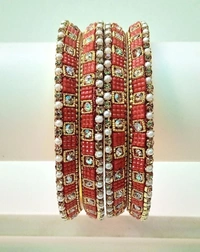 Rajasthani Traditional Pachheli Metal Bangles Set. - 2.6, Red