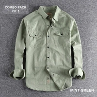 Pure Cotton Shirt Pack Of 3 High Quality  - L, Khaki & Mint Green & Orange