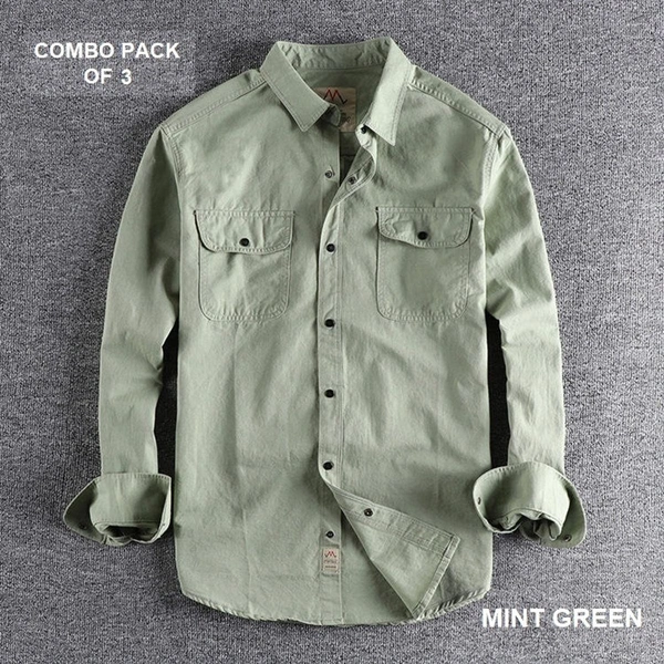 Pure Cotton Shirt Pack Of 3 High Quality  - L, Khaki & Mint Green & Orange