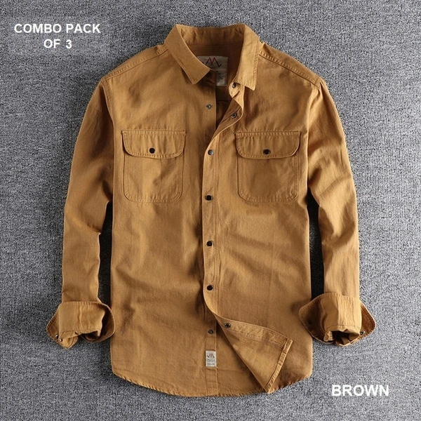 Pure Cotton Shirt Pack Of 3 High Quality  - Xxl, Khaki & Mint Green & Navy Blue