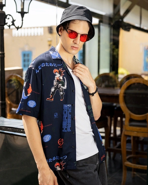 Men's Blue All Over Printed Oversized Shir - M