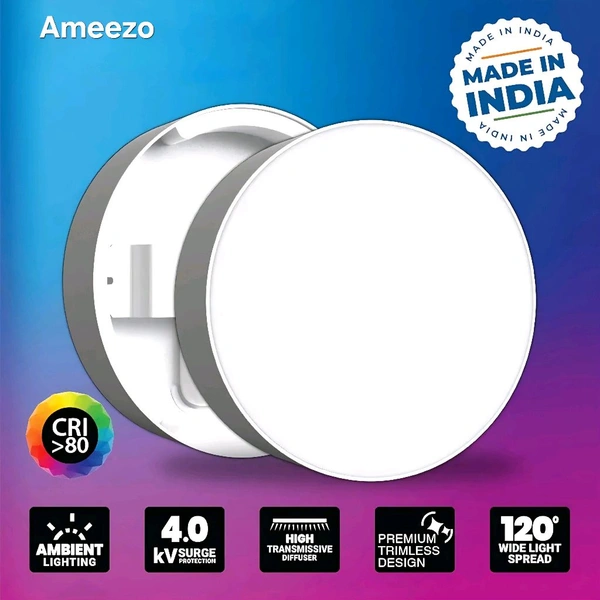 Ameezo 8w Rimless Surface Panel|Round |cool White | Inch (2 Yr Warranty) - White, 8