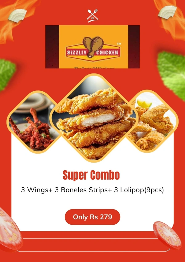 SIZZLLY  3 Wings+ 3 Boneles Strips+ 3 Lolipop(9pcs)