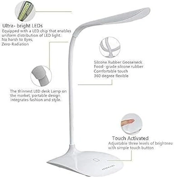 Study Lamp Rechargeable Led Touch On Off Switch Student Study Reading Dimmer Led Table Lamps White Desk Light Lamp(Plastic, Pack of 1) - Dimensions	40D x 40W x 20H Millimeters, White
