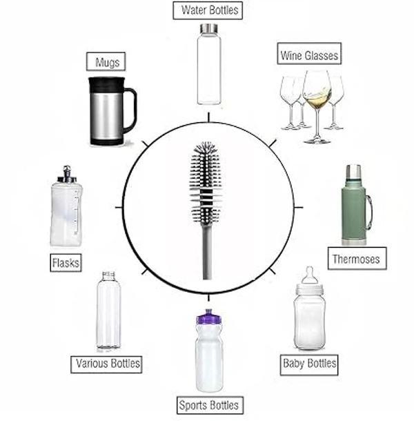 Bottle Cleaning Brush Silicone Long Handle for Baby Bottle, Water Bottle, Containers, Vase and Glass, Bottle Cleaner (Grey) - 12L x 10W x 15H Centimeters, Gray