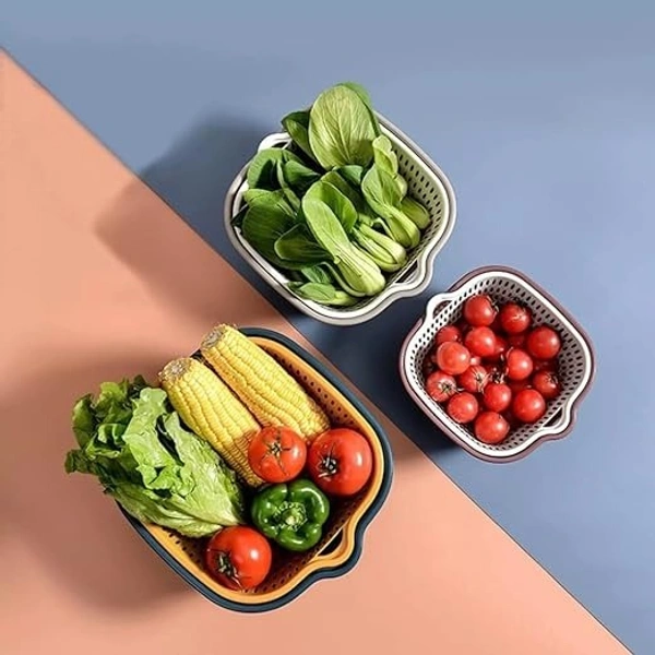  6 Pieces Drain Colander Set, 2 in 1 Detachable Plastic Double Layered Kitchen Colander Strainer Set Double Layered Drain Basin and Basket Plastic Washing Bowl(Brown, Set of 6) - 28L x 26W x 10H Centimeters