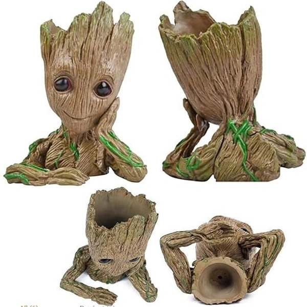 Unique Shape Marvel Avengers Infinity War Pot Groot Wooden Look Tree Flowerpot Cum Pen Container- Tree Man, 16 cm, White, 1 Piece - 14 x 11 x 16 Centimeters