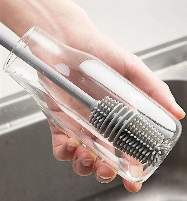 Bottle Cleaning Brush Silicone Long Handle for Baby Bottle, Water Bottle, Containers, Vase and Glass, Bottle Cleaner (Grey) - 12L x 10W x 15H Centimeters, Gray