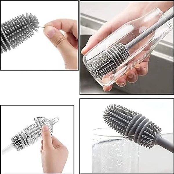 Bottle Cleaning Brush Silicone Long Handle for Baby Bottle, Water Bottle, Containers, Vase and Glass, Bottle Cleaner (Grey) - 12L x 10W x 15H Centimeters, Gray