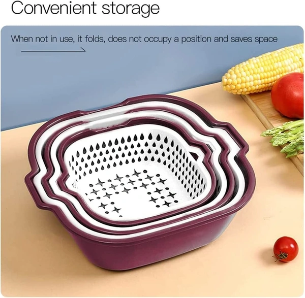  6 Pieces Drain Colander Set, 2 in 1 Detachable Plastic Double Layered Kitchen Colander Strainer Set Double Layered Drain Basin and Basket Plastic Washing Bowl(Brown, Set of 6) - 28L x 26W x 10H Centimeters