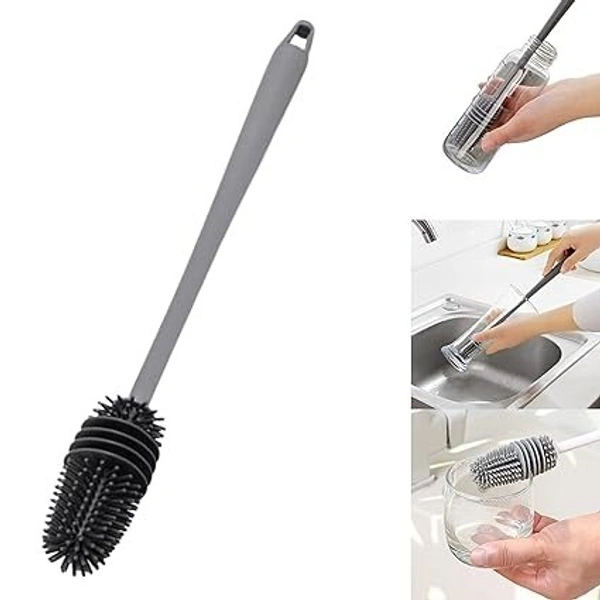 Bottle Cleaning Brush Silicone Long Handle for Baby Bottle, Water Bottle, Containers, Vase and Glass, Bottle Cleaner (Grey) - 12L x 10W x 15H Centimeters, Gray