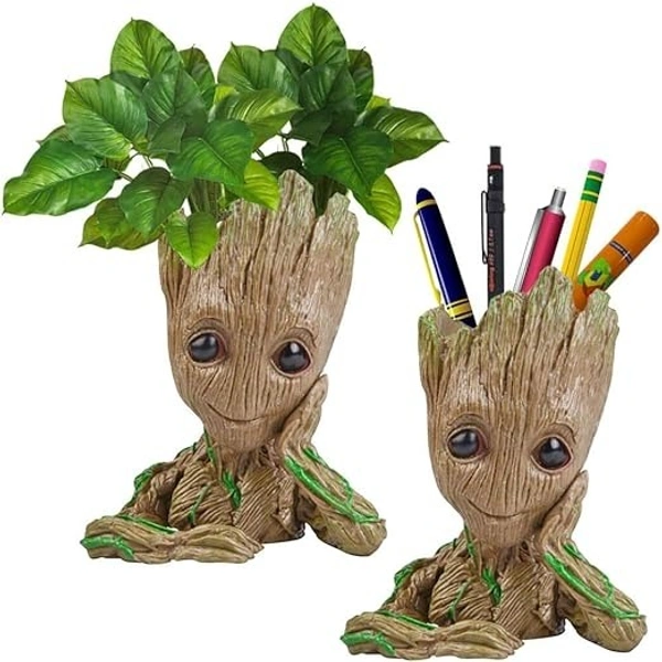 Unique Shape Marvel Avengers Infinity War Pot Groot Wooden Look Tree Flowerpot Cum Pen Container- Tree Man, 16 cm, White, 1 Piece - 14 x 11 x 16 Centimeters