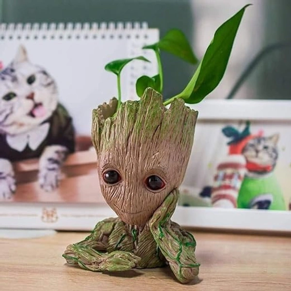 Unique Shape Marvel Avengers Infinity War Pot Groot Wooden Look Tree Flowerpot Cum Pen Container- Tree Man, 16 cm, White, 1 Piece - 14 x 11 x 16 Centimeters