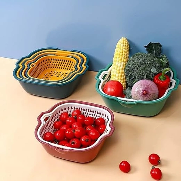  6 Pieces Drain Colander Set, 2 in 1 Detachable Plastic Double Layered Kitchen Colander Strainer Set Double Layered Drain Basin and Basket Plastic Washing Bowl(Brown, Set of 6) - 28L x 26W x 10H Centimeters