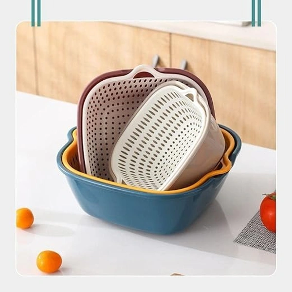  6 Pieces Drain Colander Set, 2 in 1 Detachable Plastic Double Layered Kitchen Colander Strainer Set Double Layered Drain Basin and Basket Plastic Washing Bowl(Brown, Set of 6) - 28L x 26W x 10H Centimeters