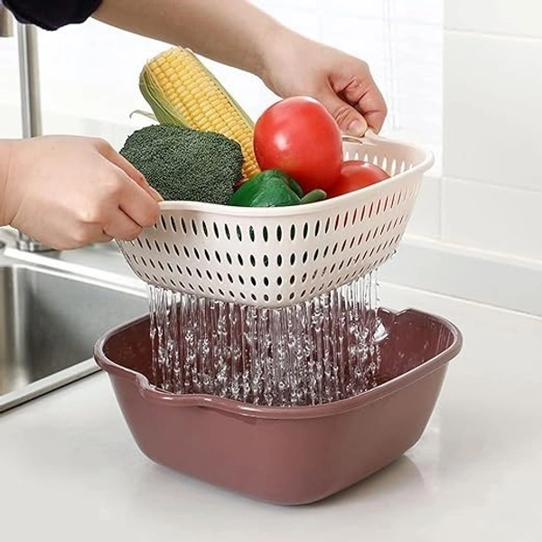  6 Pieces Drain Colander Set, 2 in 1 Detachable Plastic Double Layered Kitchen Colander Strainer Set Double Layered Drain Basin and Basket Plastic Washing Bowl(Brown, Set of 6) - 28L x 26W x 10H Centimeters