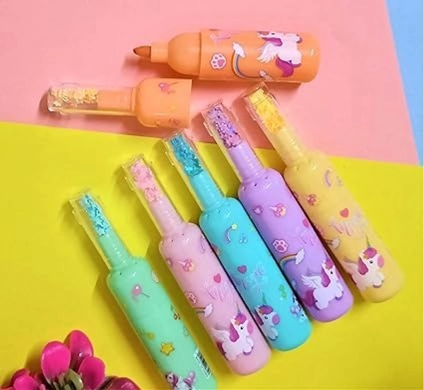 Unicorn Theme Bottle Shape Highlighters | Set Of 6 | Fine Grip Marker Pen | Ideal For Office Stationery & Kids