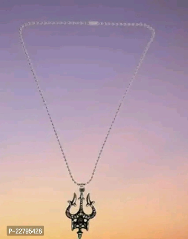 Silver Damaru Trishul Chain L Pendants and Lockets Color:  Silver Material:  Stainless Steel Style:  Chain With Pendant Stone Type:  Cubic ZirconiaLength: 15.0 (in cm)Within 6-8 business days However, to find out an actual date of delivery, please enter your pin code.A piece of jewelry consisting of a string of stones, beads, jewels, or the like, or a chain of gold, silver, or othe - Silver, 15.0(in)