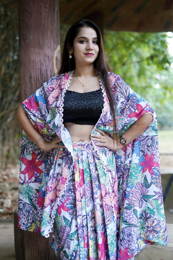 Skirt And Blouse Set With Cape  - Pink Flamingo, S