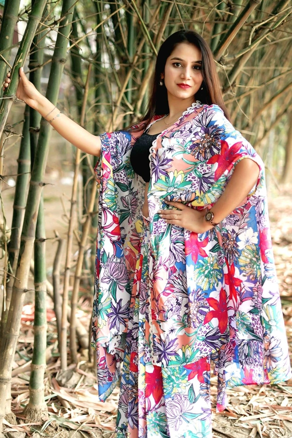 Skirt And Blouse Set With Cape  - Pink Flamingo, XL
