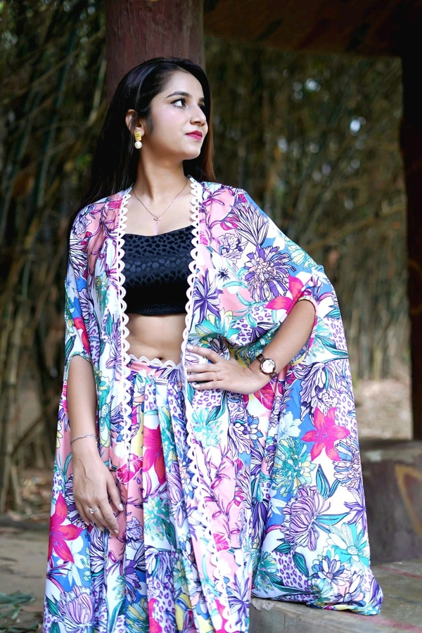 Skirt And Blouse Set With Cape  - Pink Flamingo, XL