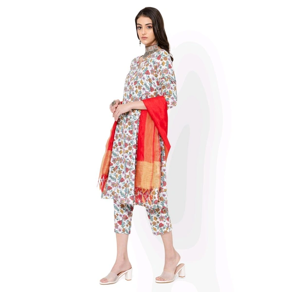 Printed Kurta Set With Red Dupatta  - S
